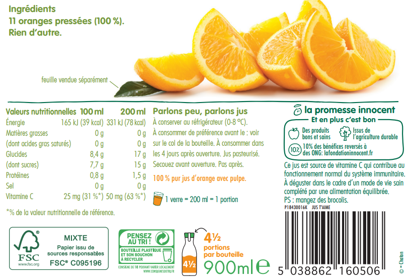 Jus d'orange avec pulpe 900ml x 6